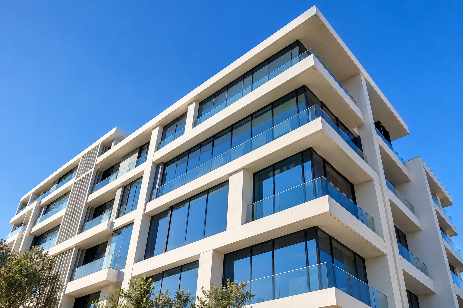 Mavi gökyüzü altında geometrik hatlara sahip modern bir bina cephesi